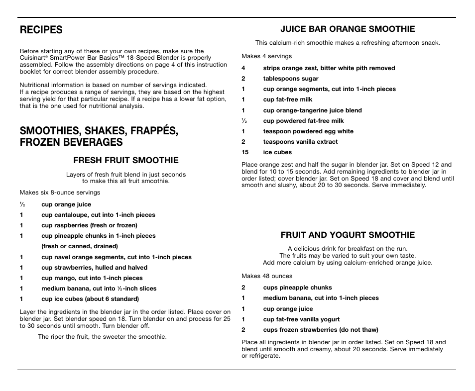 Recipes, Smoothies, shakes, frappés, frozen beverages, Fresh fruit smoothie | Juice bar orange smoothie, Fruit and yogurt smoothie | Cuisinart CB-18BKSS User Manual | Page 9 / 24