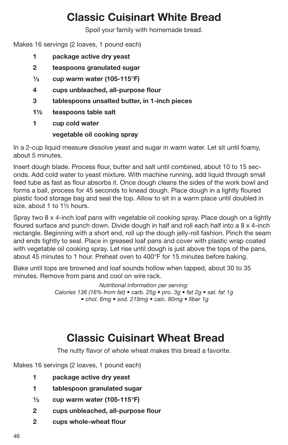Classic cuisinart white bread, Classic cuisinart wheat bread | Cuisinart DLC-2009CHB User Manual | Page 46 / 73