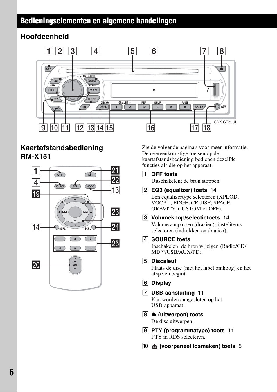 Bedieningselementen en algemene handelingen, Hoofdeenheid, Kaartafstandsbediening rm-x151 | Hoofdeenheid kaartafstandsbediening rm-x151, Qa qd q; 9 qs qfqg 7 qk, 4ws qd 1 wf ql qf wa w; wg wd | Sony CDX-GT50UI User Manual | Page 102 / 148