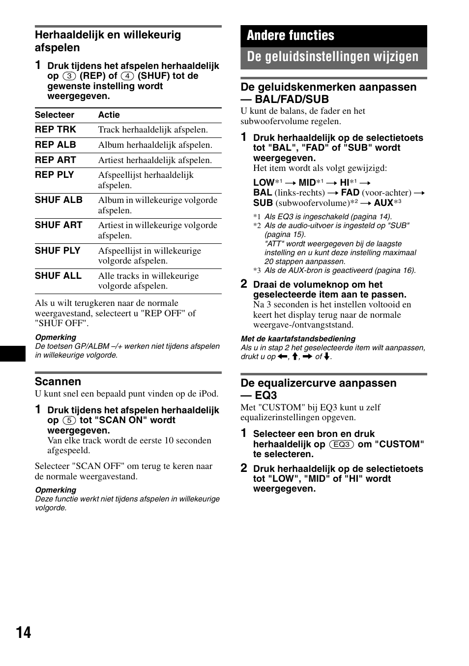 Herhaaldelijk en willekeurig afspelen, Scannen, Andere functies | De geluidsinstellingen wijzigen, De geluidskenmerken aanpassen - bal/fad/sub, De equalizercurve aanpassen - eq3, Herhaaldelijk en willekeurig afspelen scannen, De geluidskenmerken aanpassen, Bal/fad/sub de equalizercurve aanpassen — eq3, S 14 | Sony CDX-GT50UI User Manual | Page 110 / 148