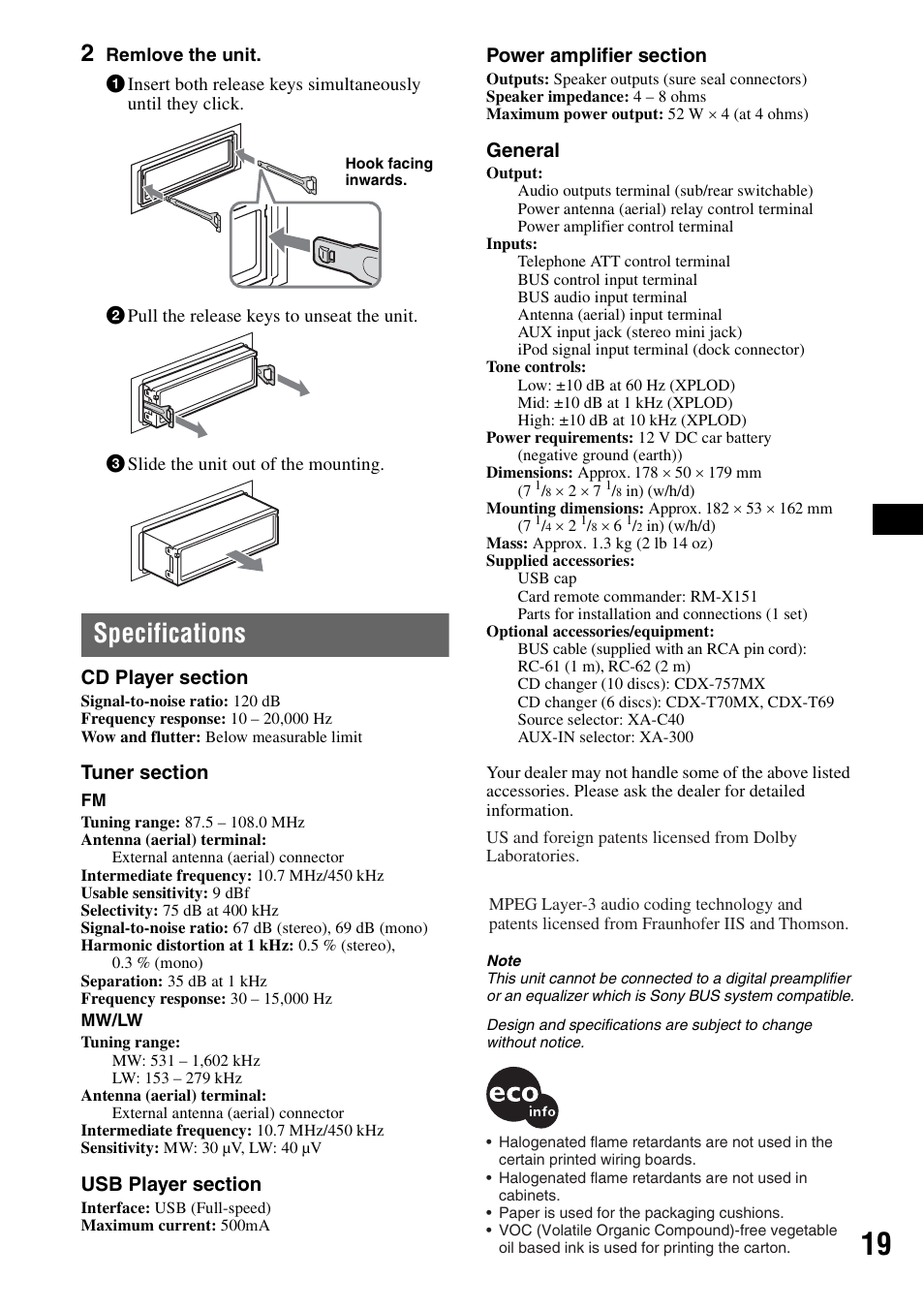 Specifications, General | Sony CDX-GT50UI User Manual | Page 19 / 148