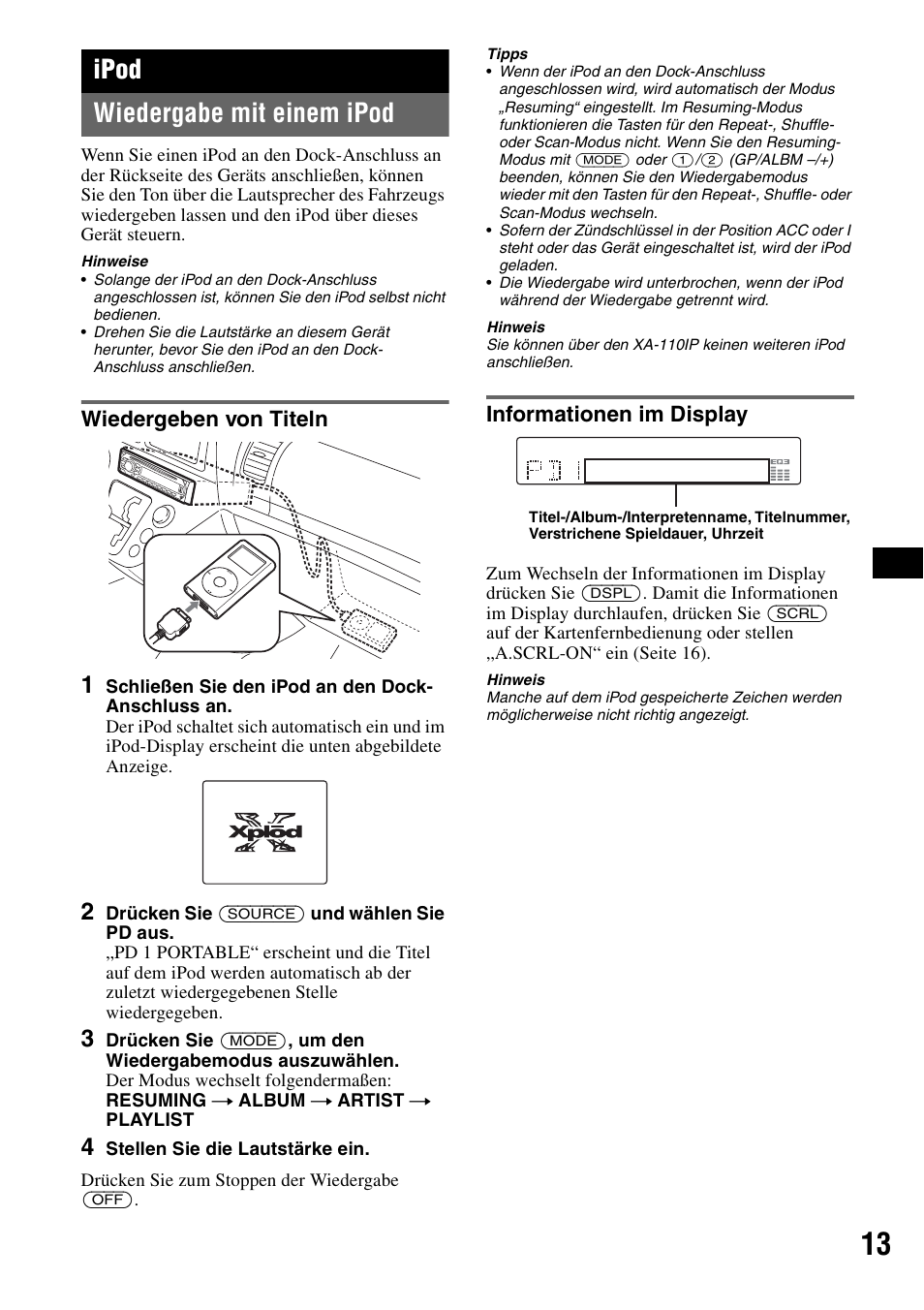Ipod, Wiedergabe mit einem ipod, Wiedergeben von titeln | Informationen im display, Wiedergeben von titeln informationen im display, Ipod wiedergabe mit einem ipod | Sony CDX-GT50UI User Manual | Page 35 / 148
