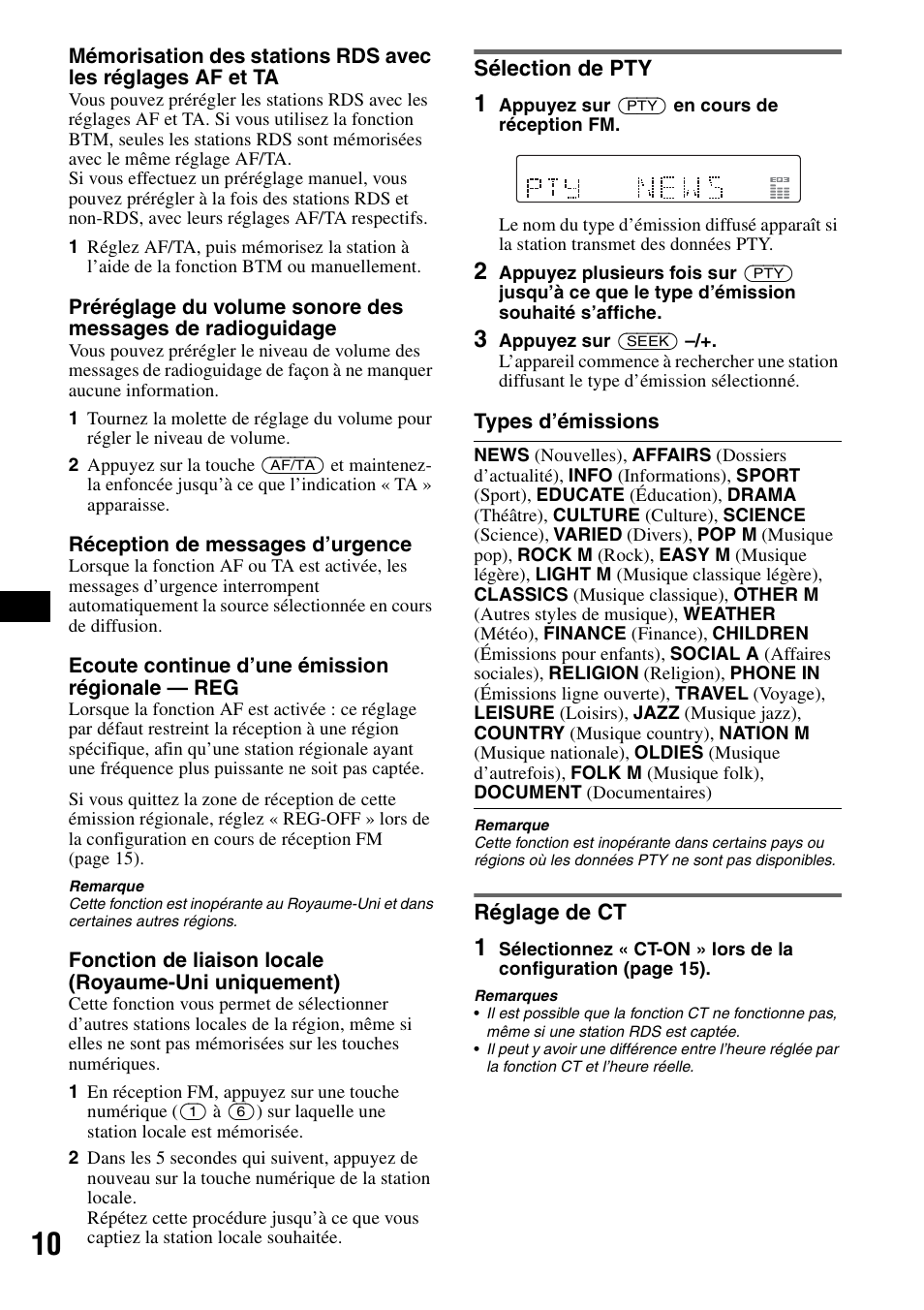 Sélection de pty, Réglage de ct, Sélection de pty réglage de ct | Sony CDX-GT50UI User Manual | Page 58 / 148