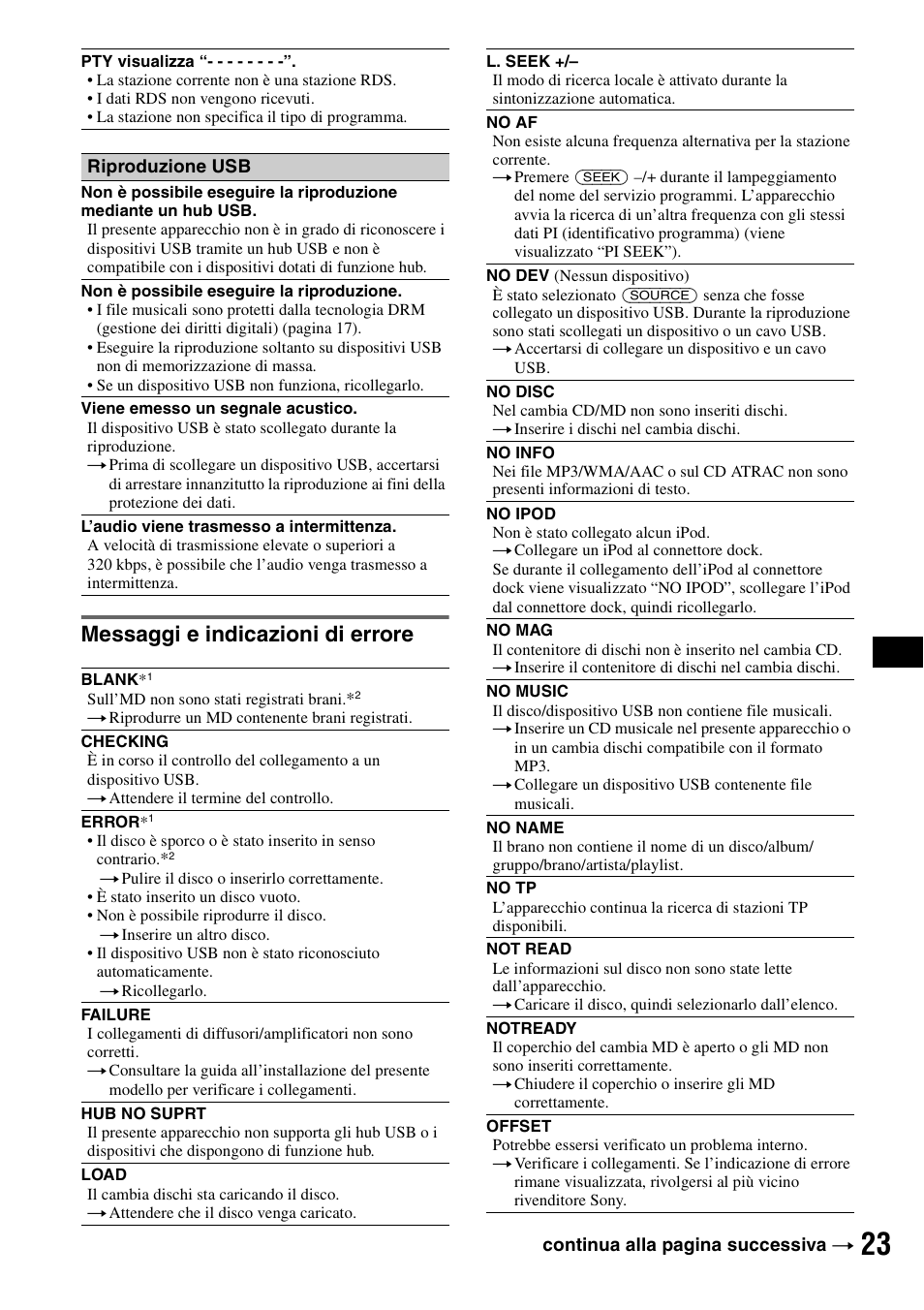 Messaggi e indicazioni di errore | Sony CDX-GT50UI User Manual | Page 95 / 148