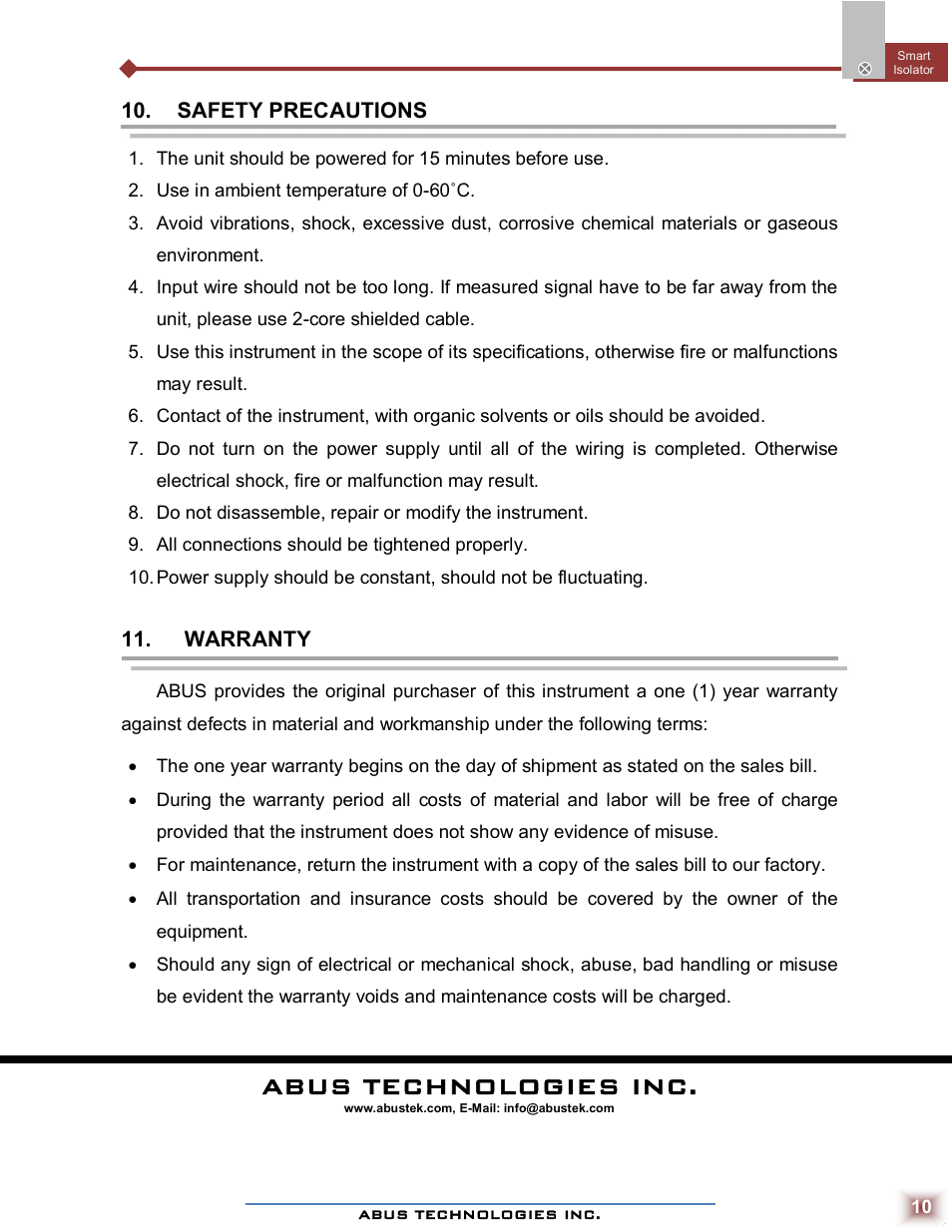 Abus technologies inc | ABUS Technologies SPI Smart Programmable Isolator User Manual | Page 10 / 10