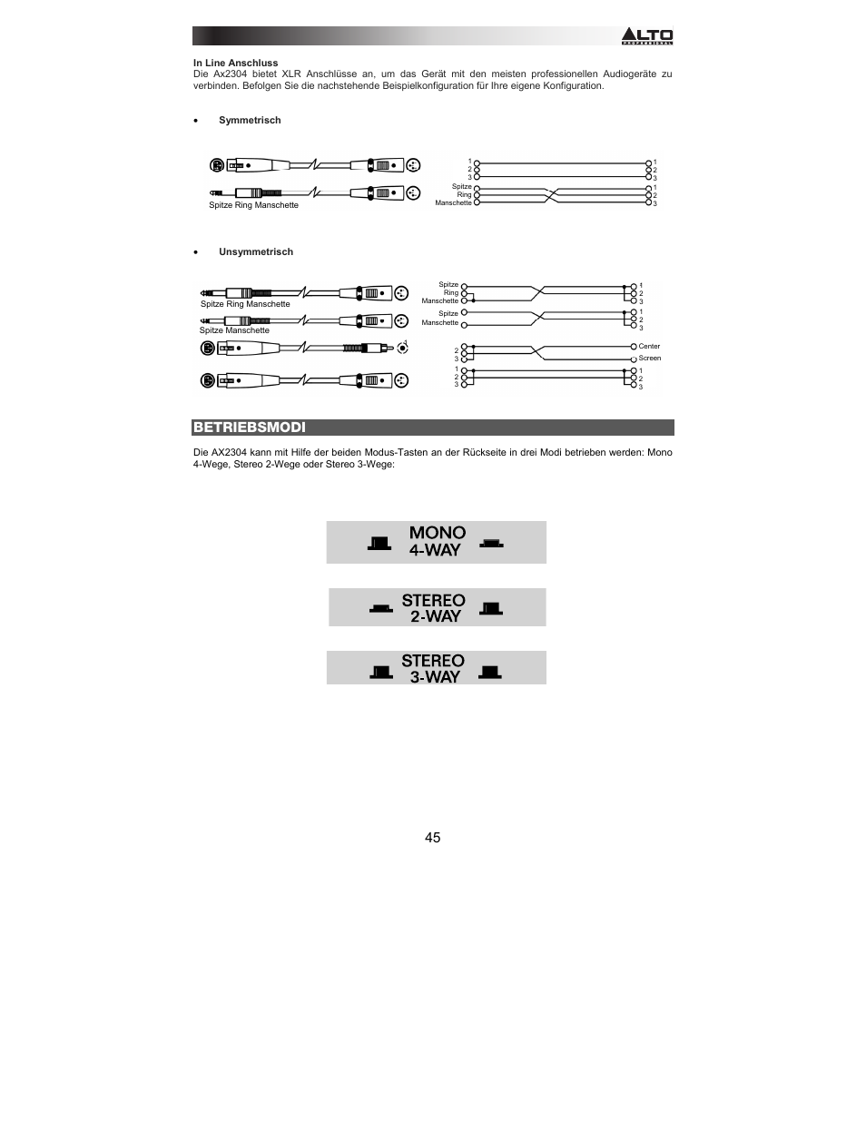 Betriebsmodi | Alto Professional AX2304 User Manual | Page 45 / 64