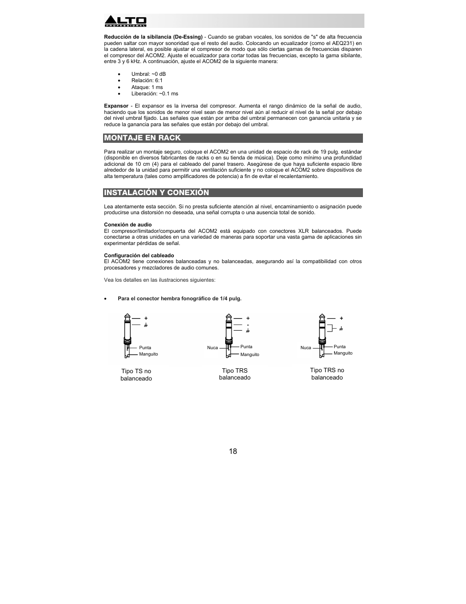 Montaje en rack, Instalación y conexión | Alto Professional ACOM2 User Manual | Page 18 / 60