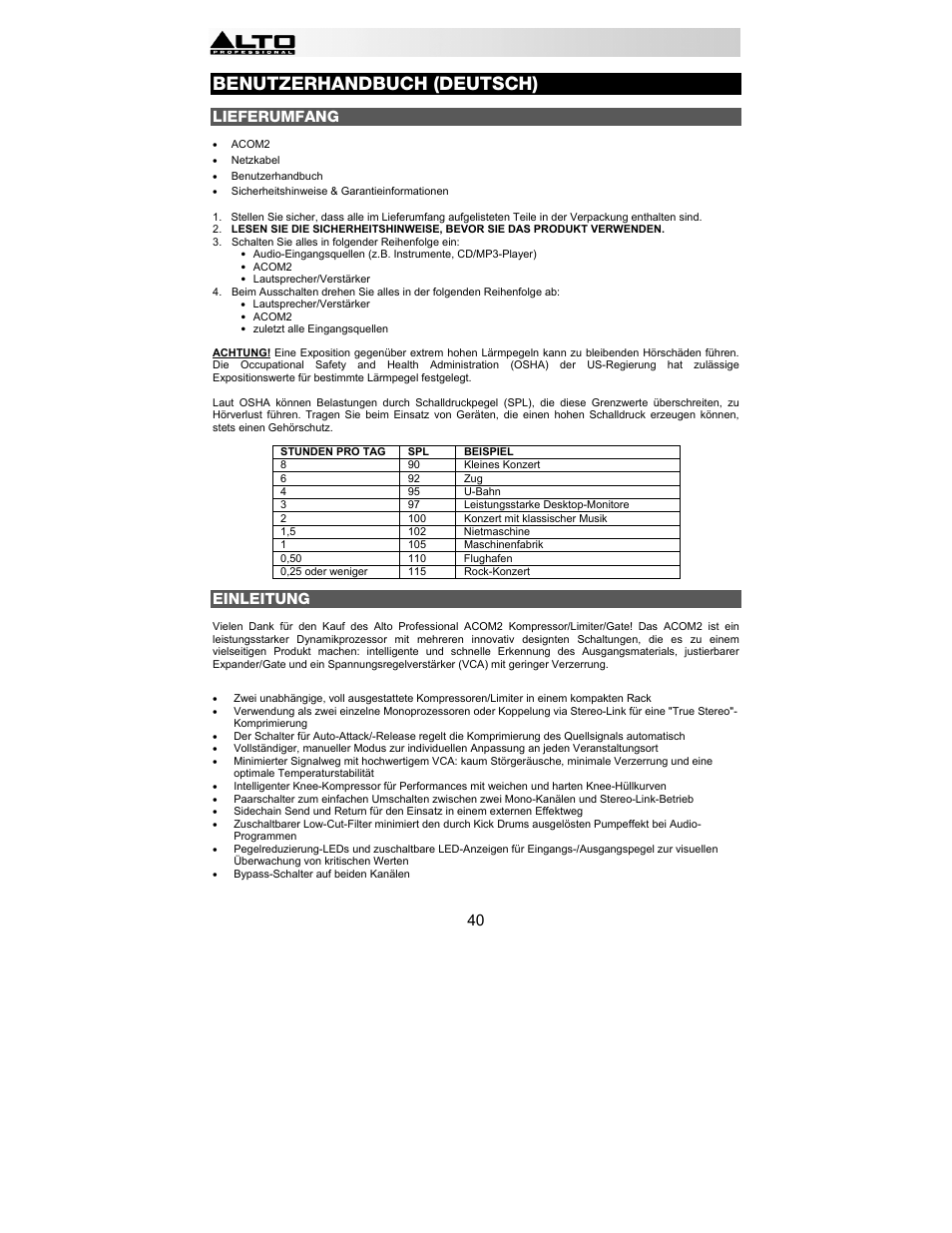 Benutzerhandbuch (deutsch), Lieferumfang, Einleitung | Alto Professional ACOM2 User Manual | Page 40 / 60