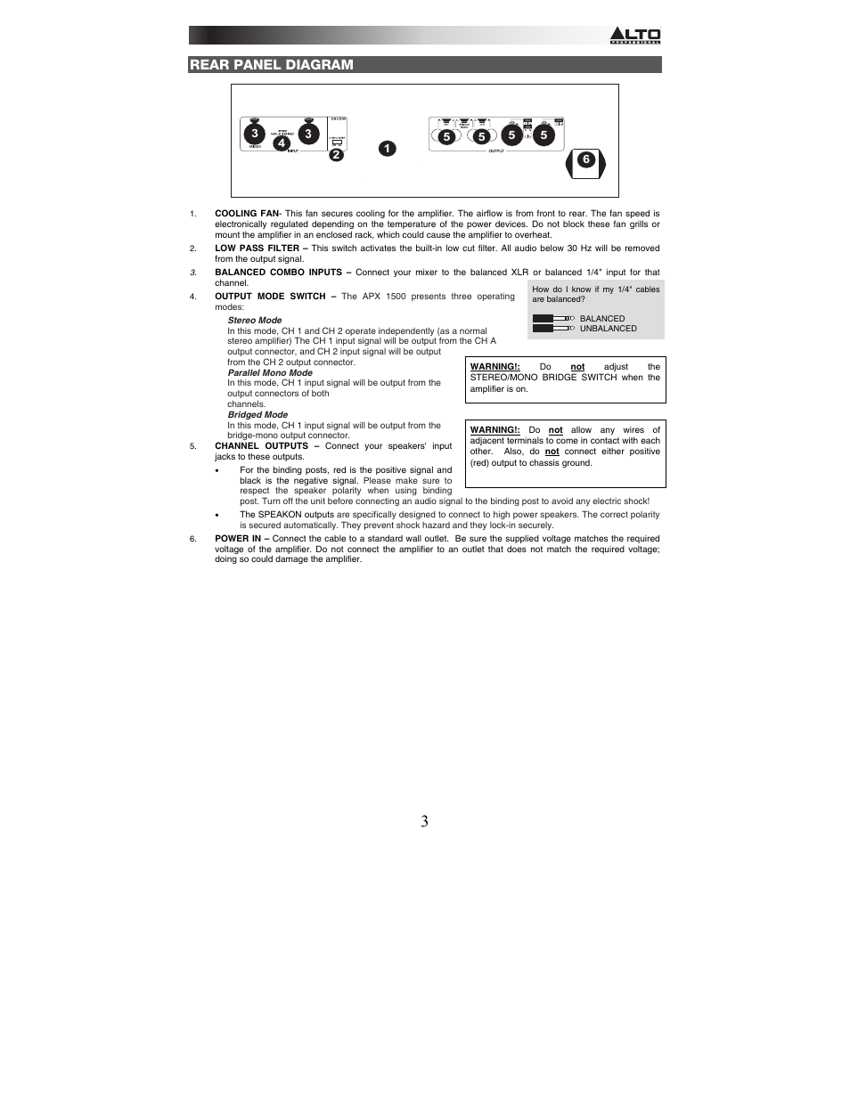 Rear panel diagram | Alto Professional APX1500 User Manual | Page 3 / 8