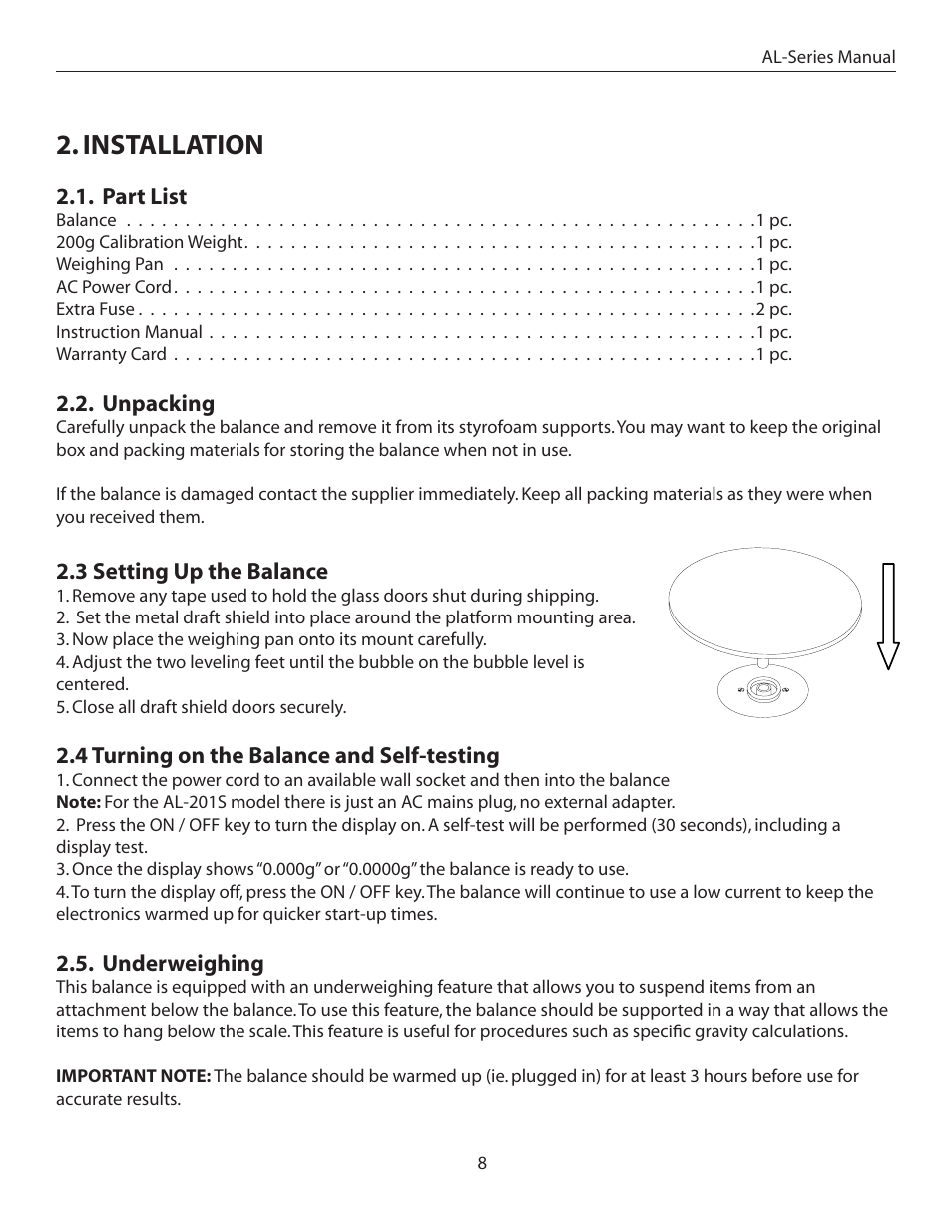 Installation and calibrating of the balance | American Weigh Scales (AWS) AL-311 User Manual | Page 8 / 16
