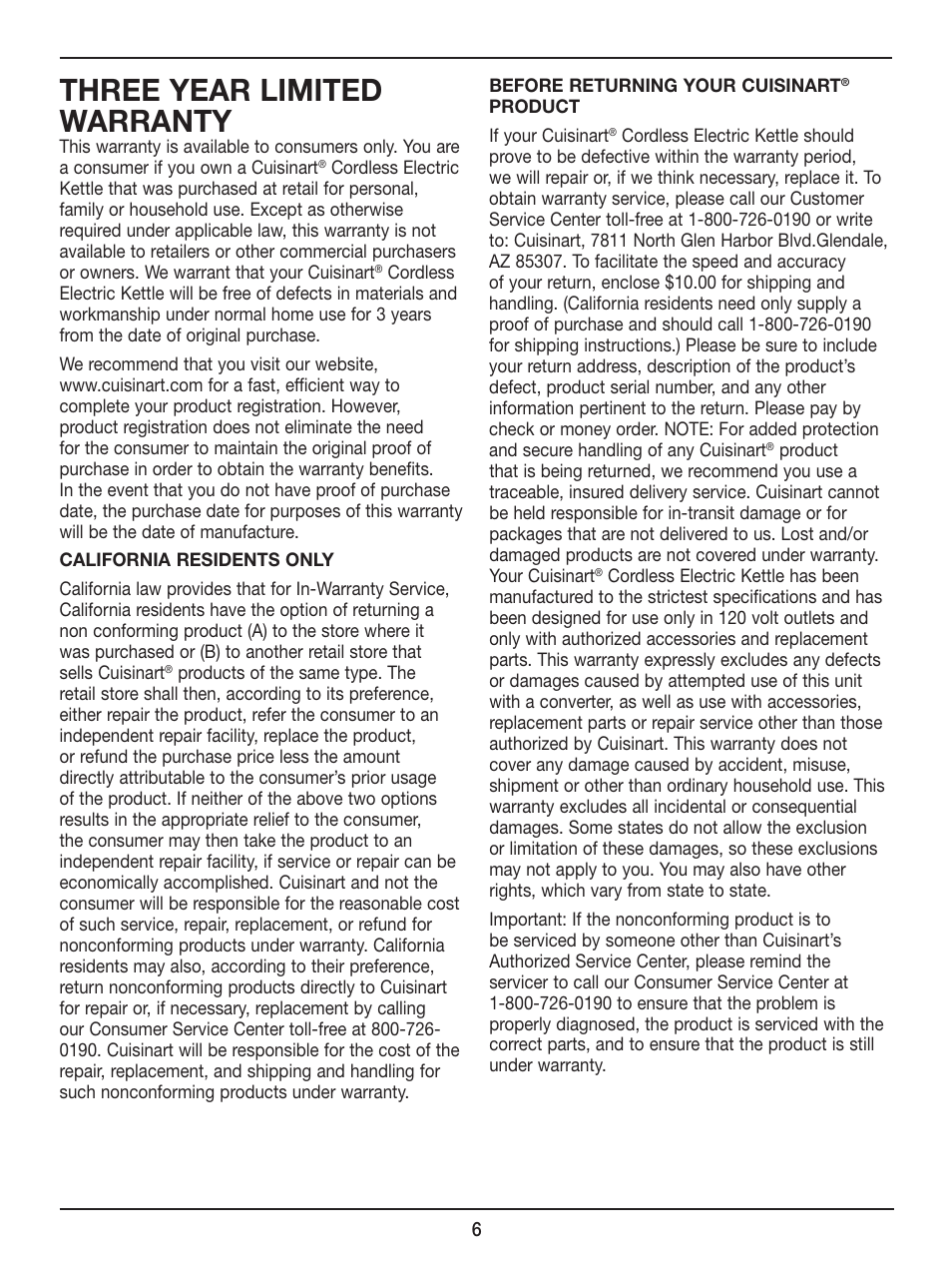 Three year limited warranty | Cuisinart Cordless Electric Kettle DK-17 User Manual | Page 6 / 9