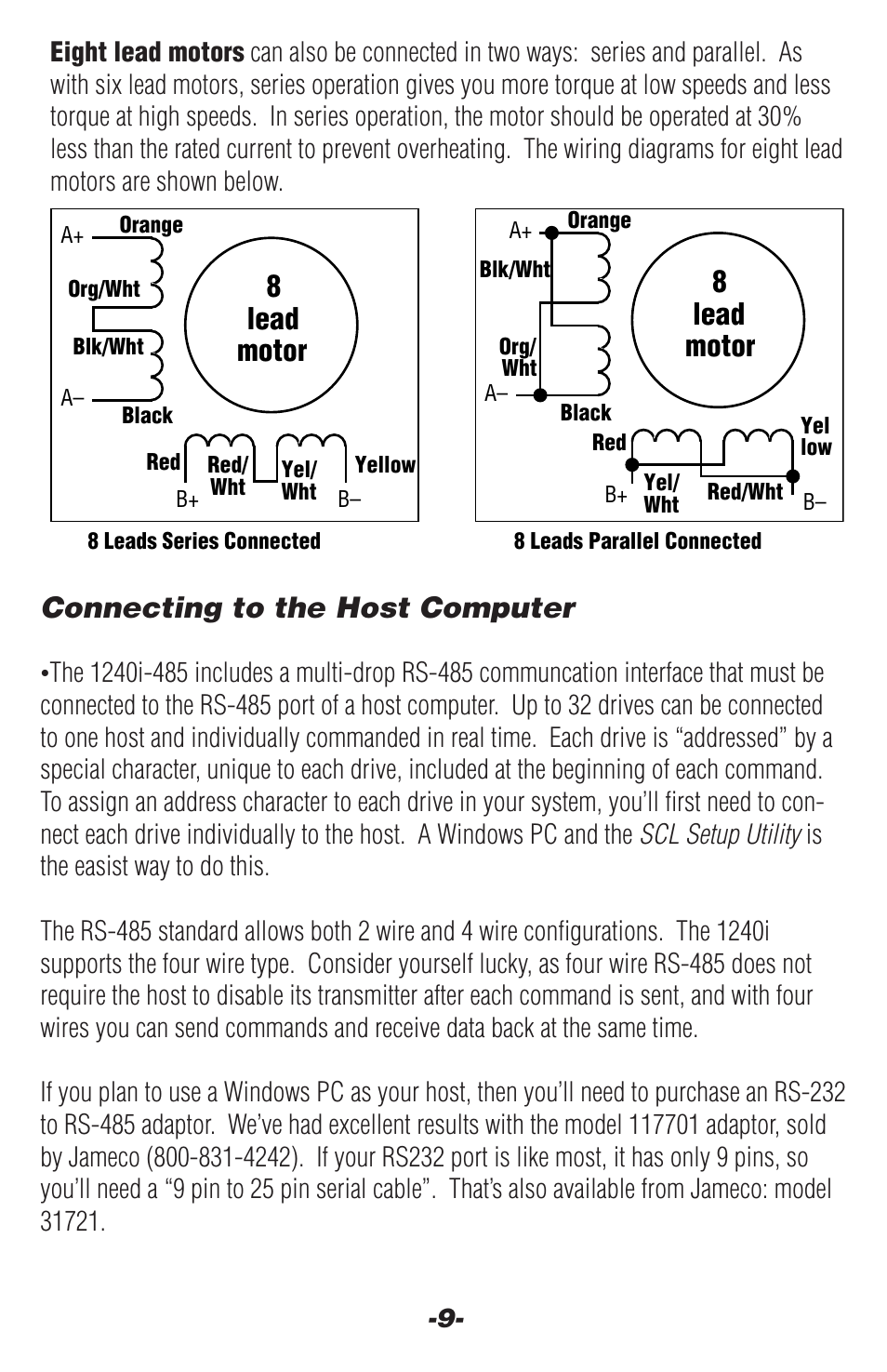 Connecting to the host computer, 8lead motor | Applied Motion 1240i-485 User Manual | Page 9 / 20