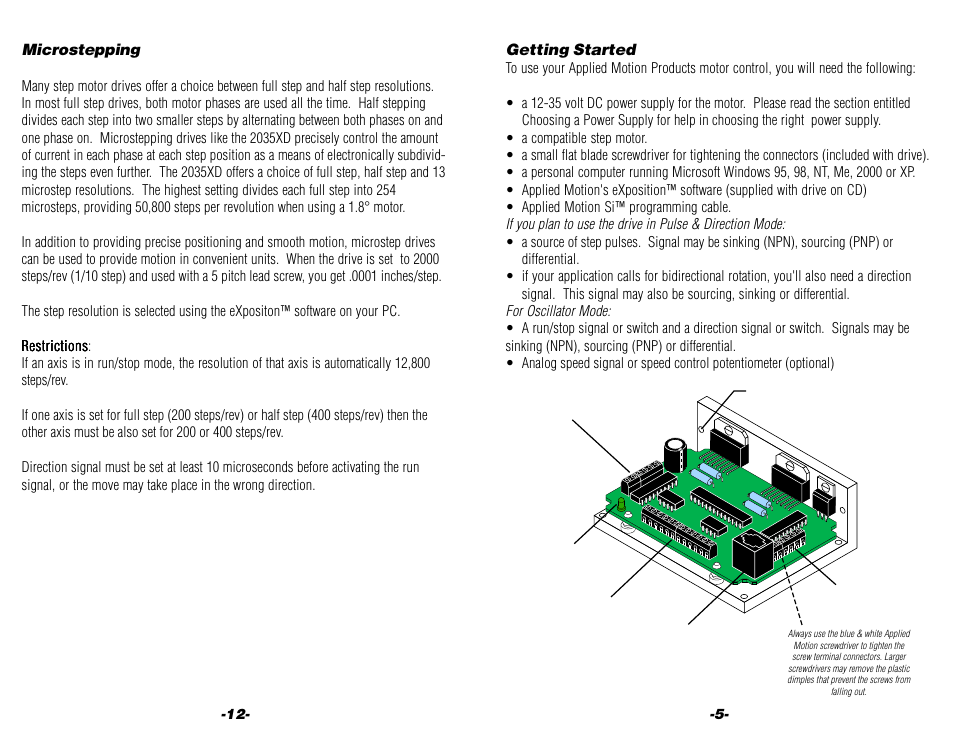 Getting started, Microstepping | Applied Motion 2035XD User Manual | Page 5 / 8