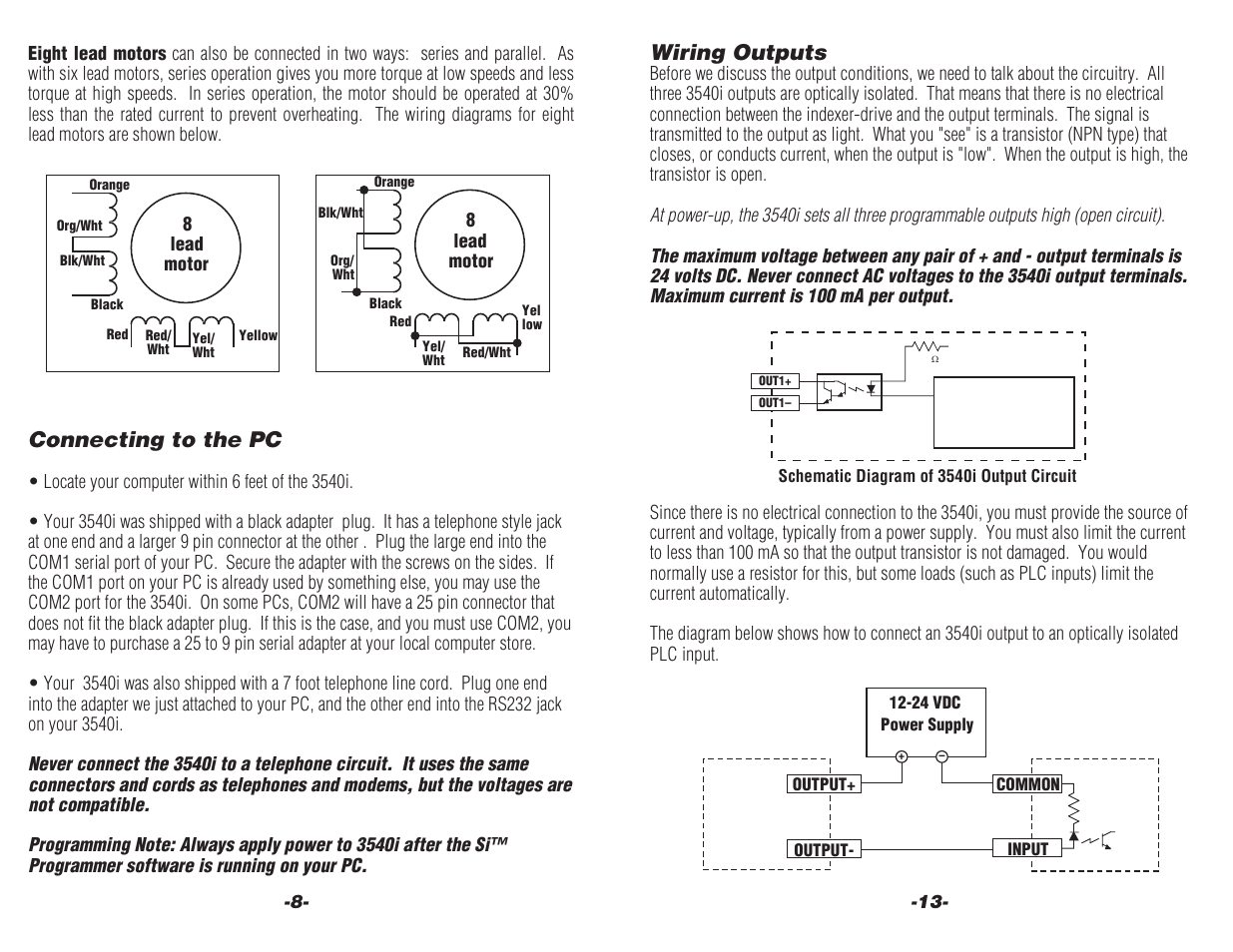 Wiring outputs, 3540i, Connecting to the pc | Applied Motion 3540i User Manual | Page 8 / 14