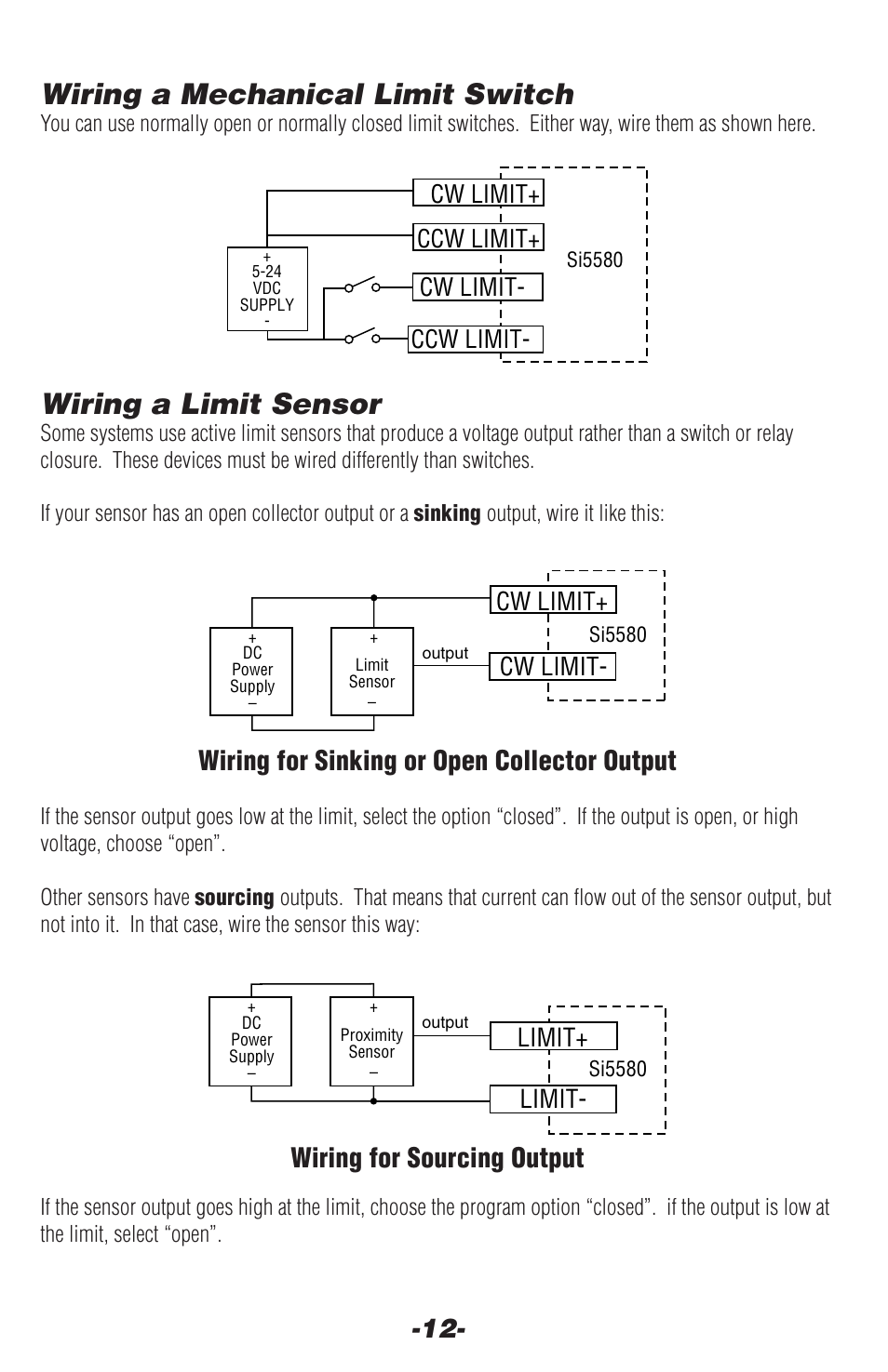 Wiring a mechanical limit switch, Wiring a limit sensor, Wiring a mechanical limit switch 12 | Limit, Ccw limit+ ccw limit- cw limit, Cw limit | Applied Motion Si5580 User Manual | Page 12 / 24