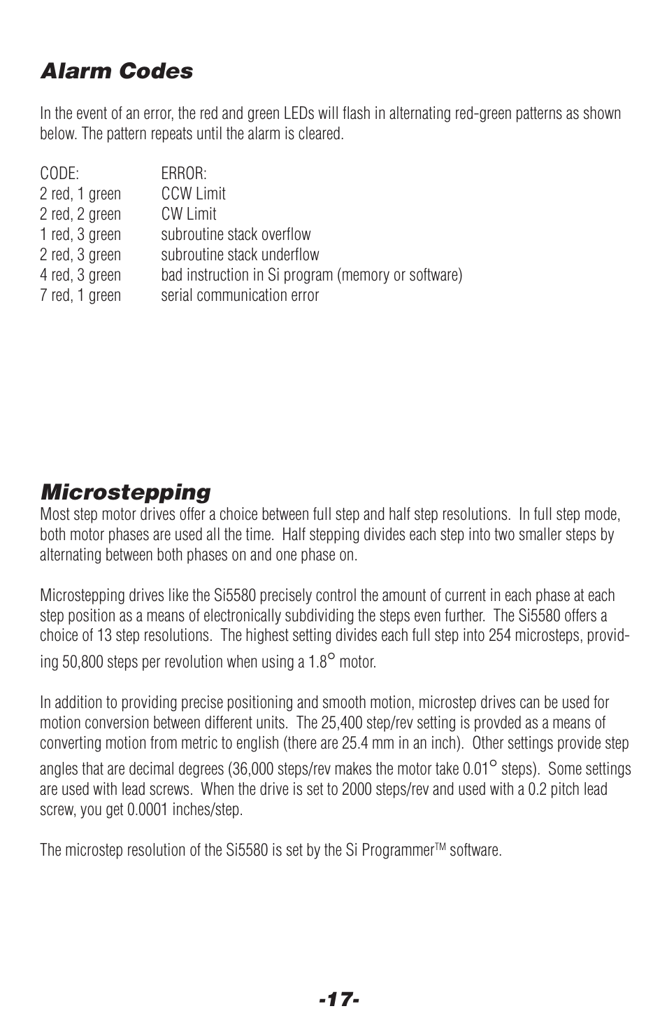 Alarm codes, Microstepping | Applied Motion Si5580 User Manual | Page 17 / 24