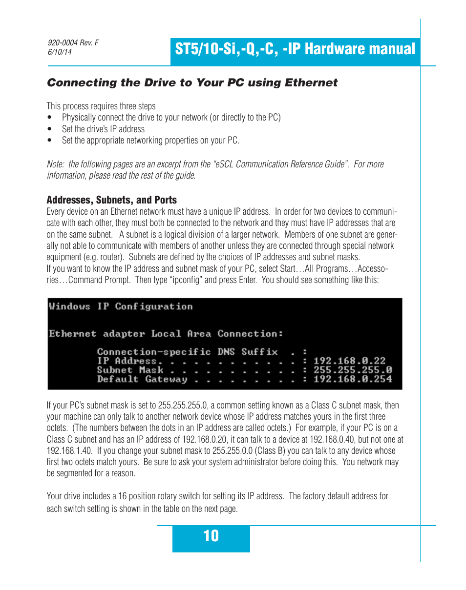 Connecting the drive to your pc using ethernet, Addresses, subnets, and ports | Applied Motion ST10-C-CE User Manual | Page 10 / 52
