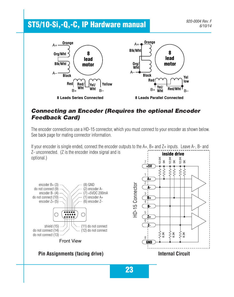Pin assignments (facing drive), Internal circuit, 8lead motor | Hd-15 connector | Applied Motion ST10-C-CE User Manual | Page 23 / 52