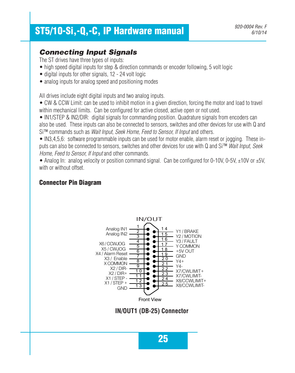 Connecting input signals, Connector pin diagram, Connector pin diagram in/out1 (db-25) connector | Applied Motion ST10-C-CE User Manual | Page 25 / 52