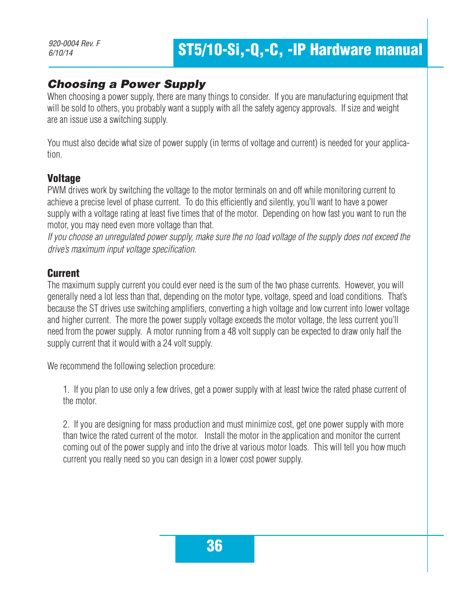 Choosing a power supply | Applied Motion ST10-C-CE User Manual | Page 36 / 52