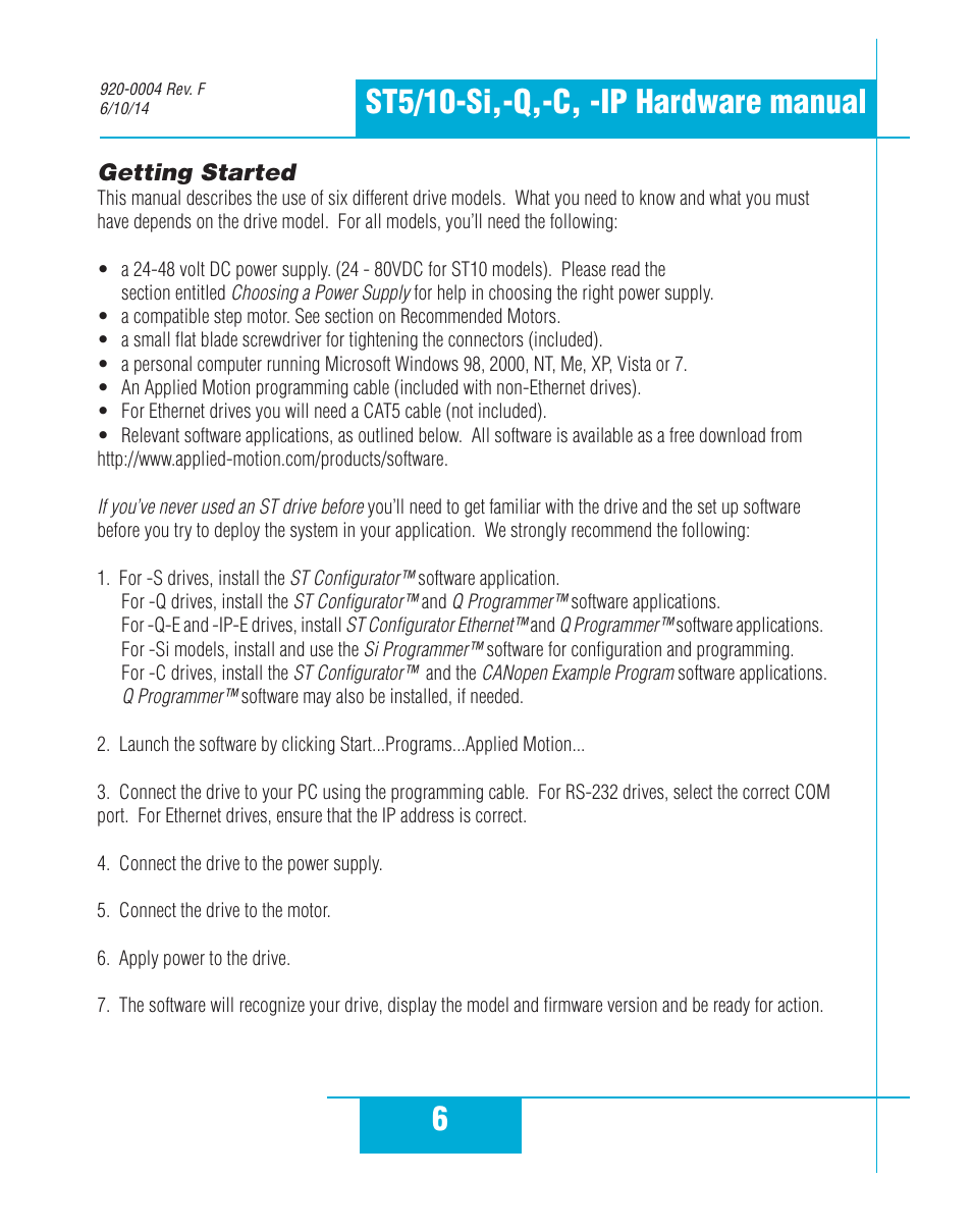 Getting started, 6st5/10-si,-q,-c, -ip hardware manual | Applied Motion ST10-C-CE User Manual | Page 6 / 52