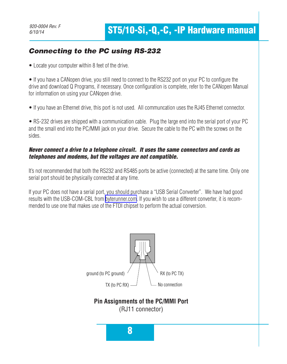 Connecting to the pc using rs-232, 8st5/10-si,-q,-c, -ip hardware manual | Applied Motion ST10-C-CE User Manual | Page 8 / 52