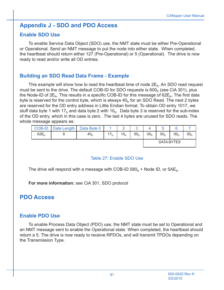 Table 27: enable sdo use, Appendix j - sdo and pdo access, Enable sdo use | Building an sdo read data frame - example, Pdo access, Enable pdo use | Applied Motion ST10-C-CE User Manual | Page 91 / 101