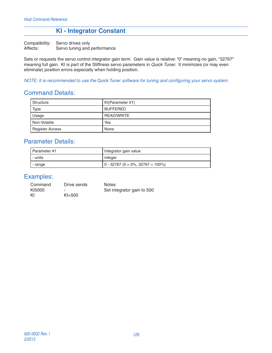 Ki - integrator constant, Command details, Parameter details | Examples | Applied Motion RS-232 User Manual | Page 126 / 320