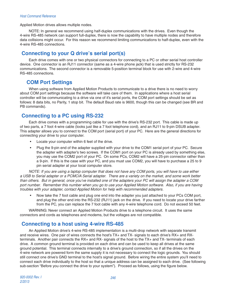 Connecting to your q drive’s serial port(s), Com port settings, Connecting to a pc using rs-232 | Connecting to a host using 4-wire rs-485 | Applied Motion RS-232 User Manual | Page 246 / 320