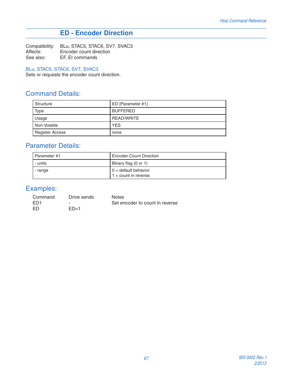 Ed - encoder direction, Command details, Parameter details | Examples | Applied Motion RS-232 User Manual | Page 67 / 320