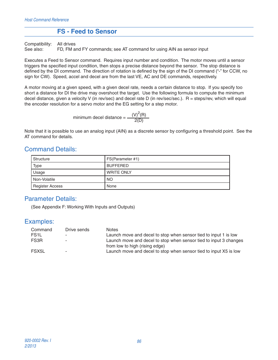 Fs - feed to sensor, Command details, Parameter details | Examples | Applied Motion RS-232 User Manual | Page 86 / 320