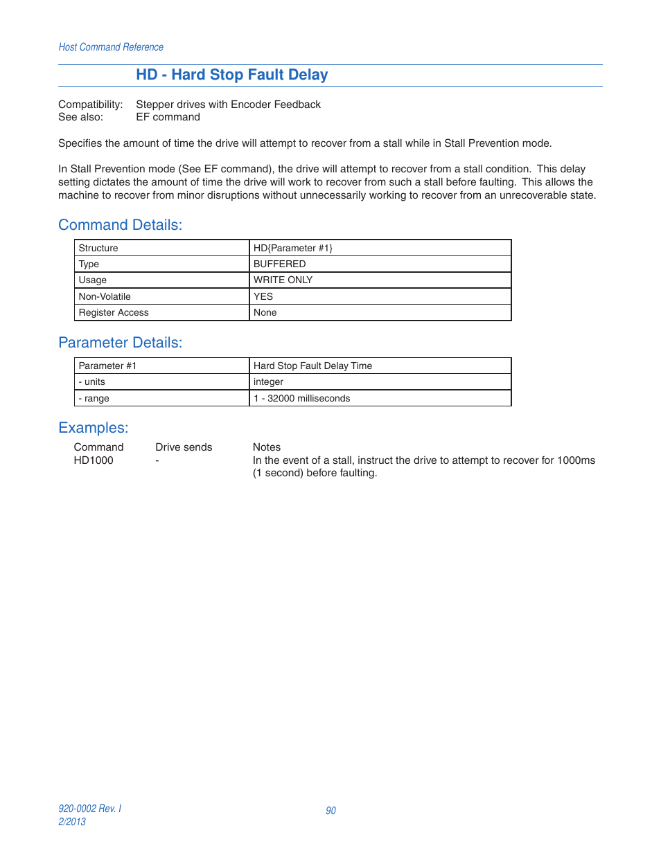 Hd - hard stop fault delay, Command details, Parameter details | Examples | Applied Motion RS-232 User Manual | Page 90 / 320