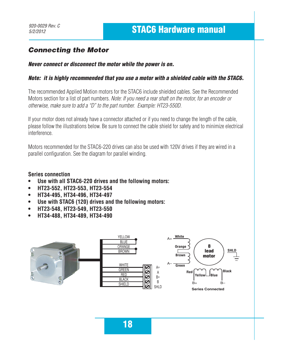 Connecting the motor, 18 stac6 hardware manual | Applied Motion STAC6-C User Manual | Page 18 / 57