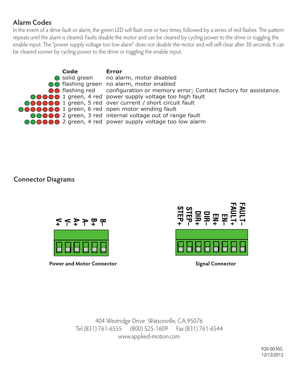 Alarm codes, Connector diagrams | Applied Motion STR4 User Manual | Page 46 / 46