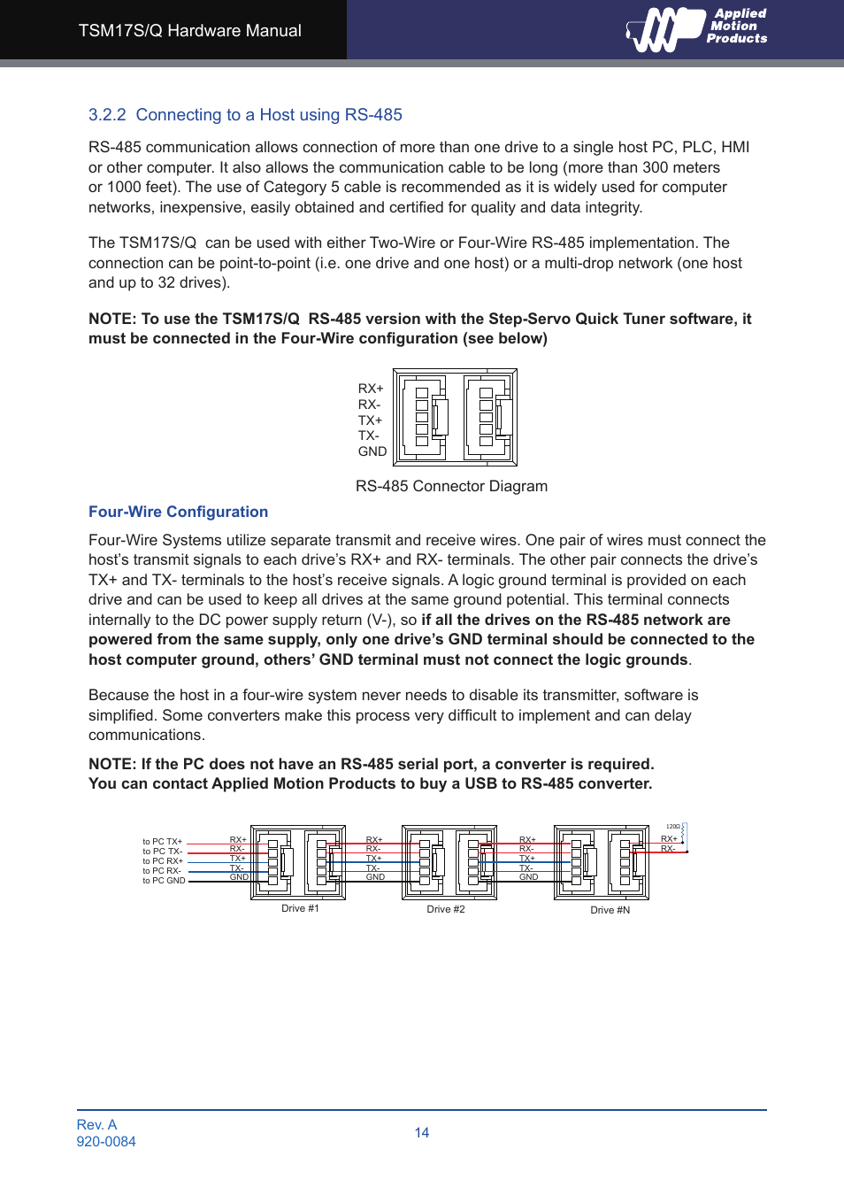 2 connecting to a host using rs-485 | Applied Motion TSM17Q-1AG User Manual | Page 14 / 29