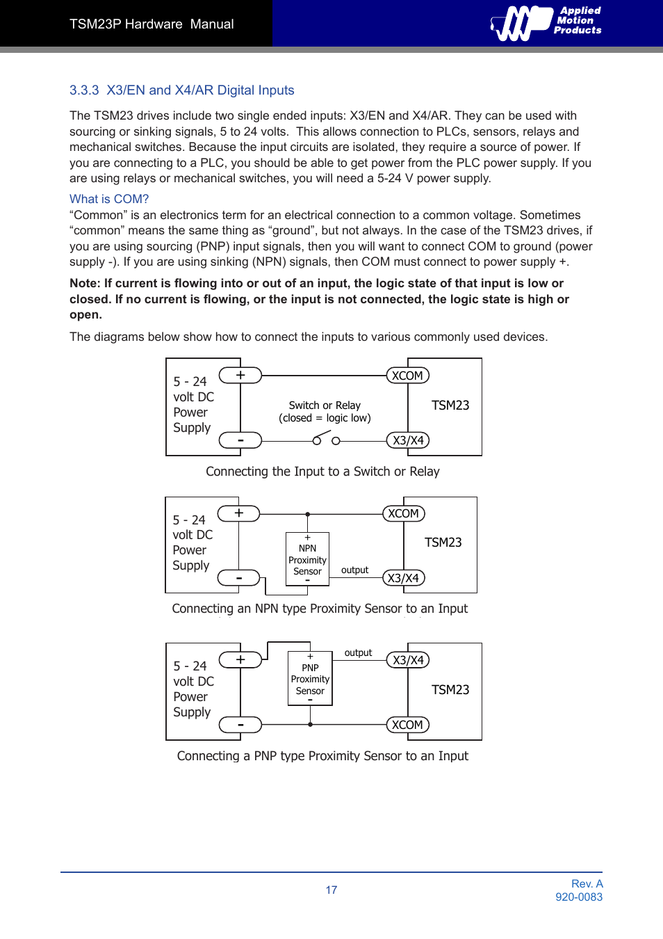 3 x3/en and x4/ar digital inputs | Applied Motion TSM23P-2AG User Manual | Page 17 / 23