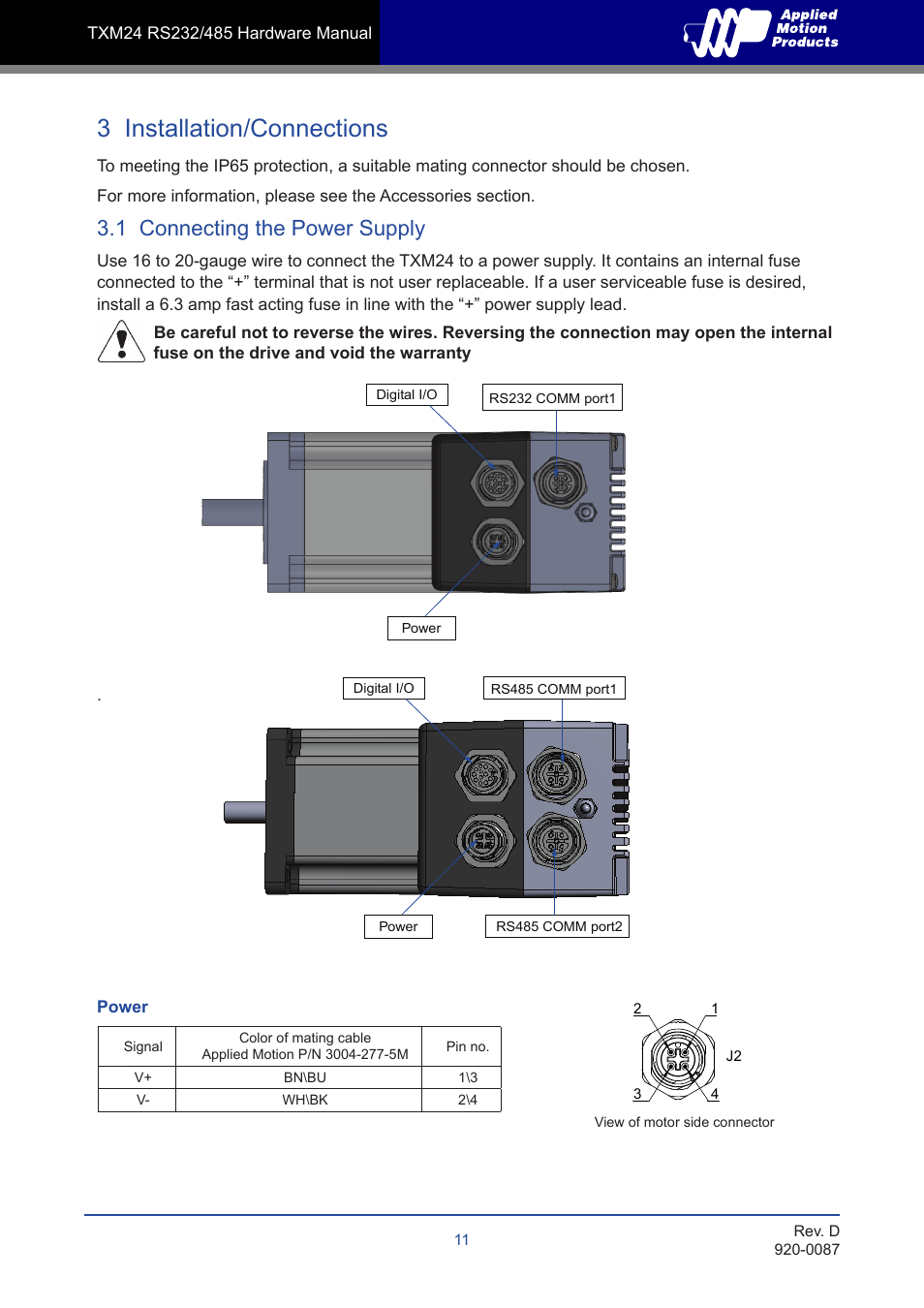 3 installation/connections, 1 connecting the power supply | Applied Motion TXM24Q-1AG User Manual | Page 11 / 25