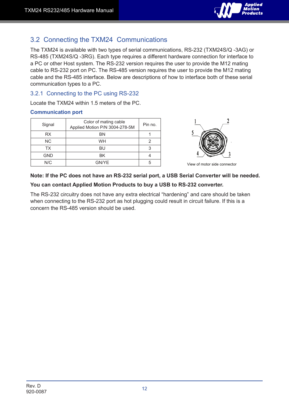 2 connecting the txm24 communications, 1 connecting to the pc using rs-232 | Applied Motion TXM24Q-1AG User Manual | Page 12 / 25