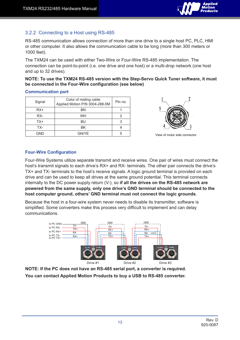 2 connecting to a host using rs-485 | Applied Motion TXM24Q-1AG User Manual | Page 13 / 25
