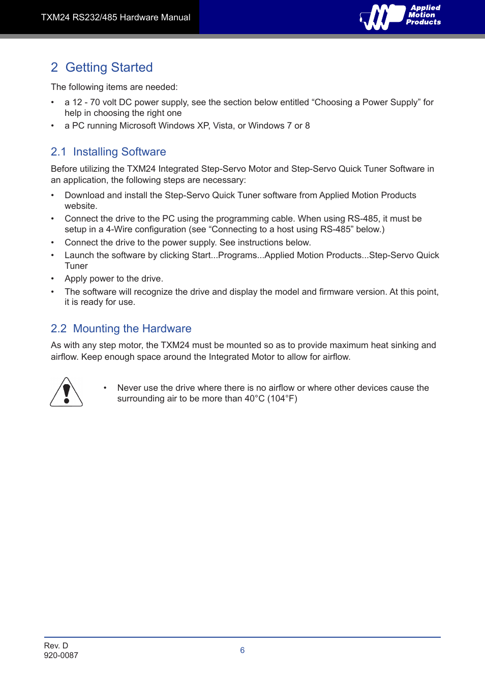2 getting started, 1 installing software, 2 mounting the hardware | Applied Motion TXM24Q-1AG User Manual | Page 6 / 25