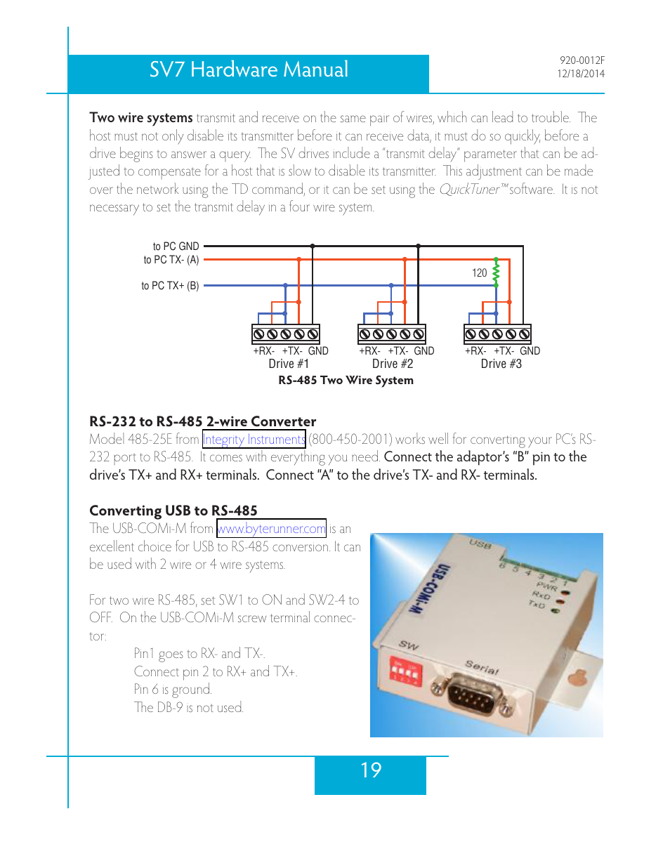 Rs-232 to rs-485 2-wire converter, Converting usb to rs-485, 19 sv7 hardware manual | Applied Motion SV7-C-CE User Manual | Page 19 / 53