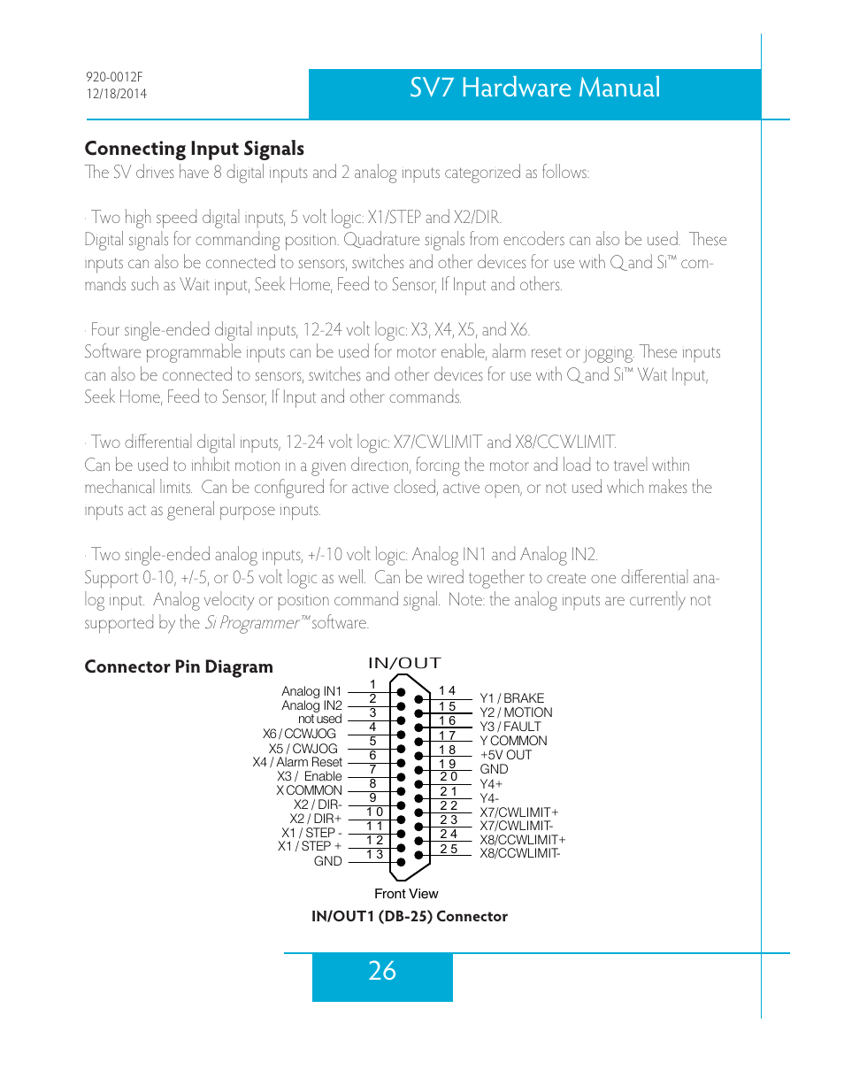 Connecting input signals, Connector pin diagram, 26 sv7 hardware manual | Applied Motion SV7-C-CE User Manual | Page 26 / 53