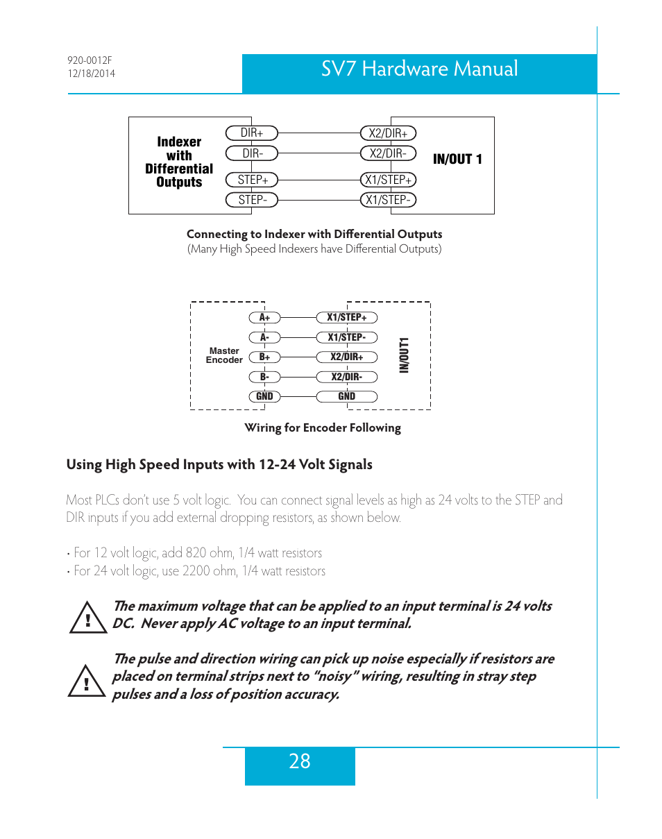 Using high speed inputs with 12-24 volt signals, 28 sv7 hardware manual | Applied Motion SV7-C-CE User Manual | Page 28 / 53