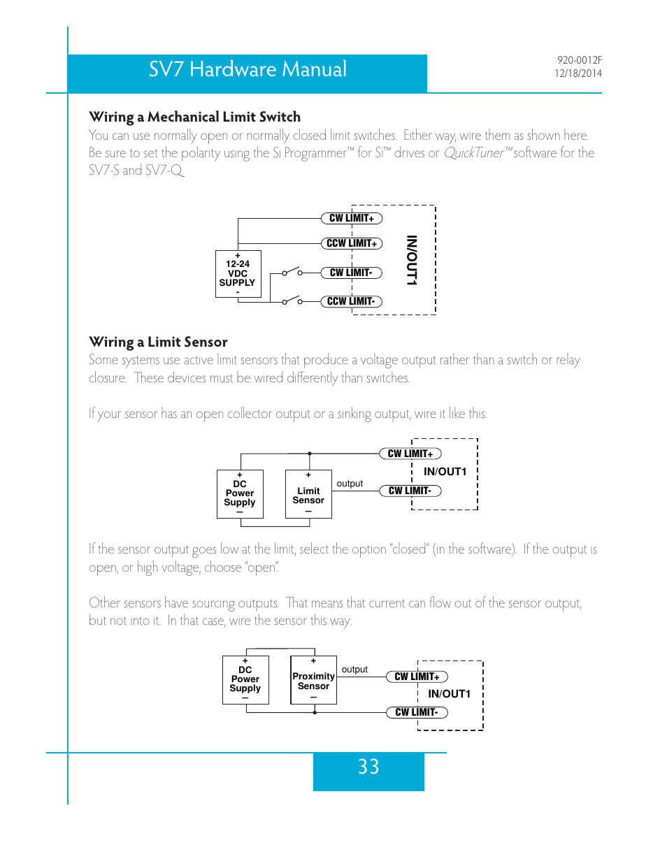 Wiring a mechanical limit switch, Wiring a limit sensor, 33 sv7 hardware manual | Applied Motion SV7-C-CE User Manual | Page 33 / 53