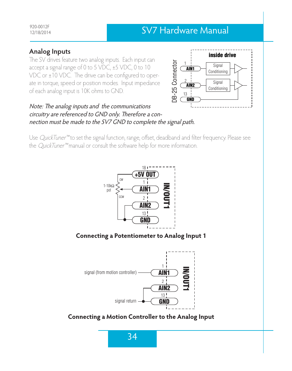 Analog inputs, Connecting a potentiometer to analog input 1, Connecting a motion controller to the analog input | 34 sv7 hardware manual, In/out1 | Applied Motion SV7-C-CE User Manual | Page 34 / 53