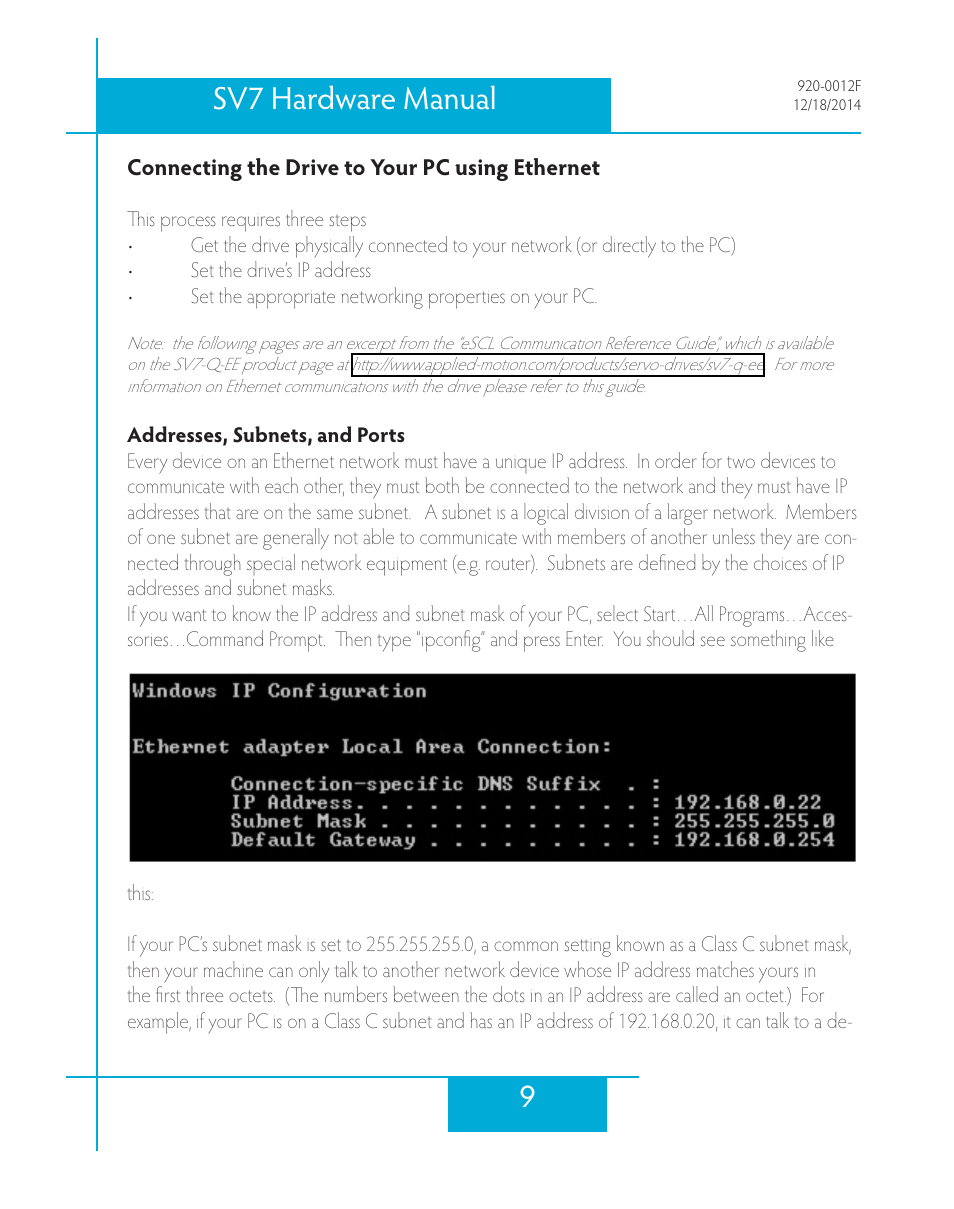 Connecting the drive to your pc using ethernet, Addresses, subnets, and ports, 9sv7 hardware manual | Applied Motion SV7-C-CE User Manual | Page 9 / 53