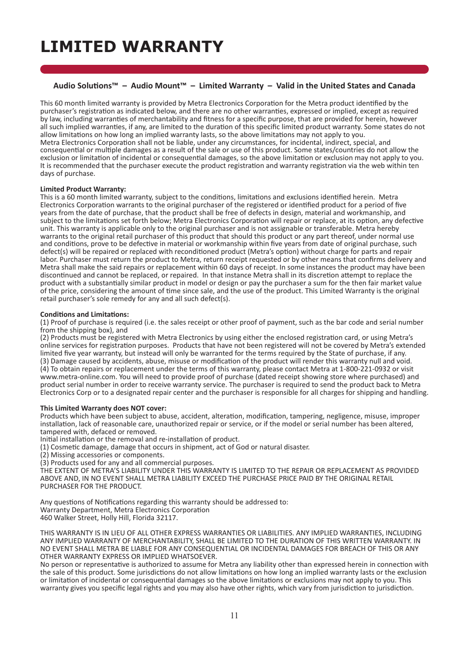 Limited warranty | Audio Solutions AS-FM3260 User Manual | Page 11 / 12