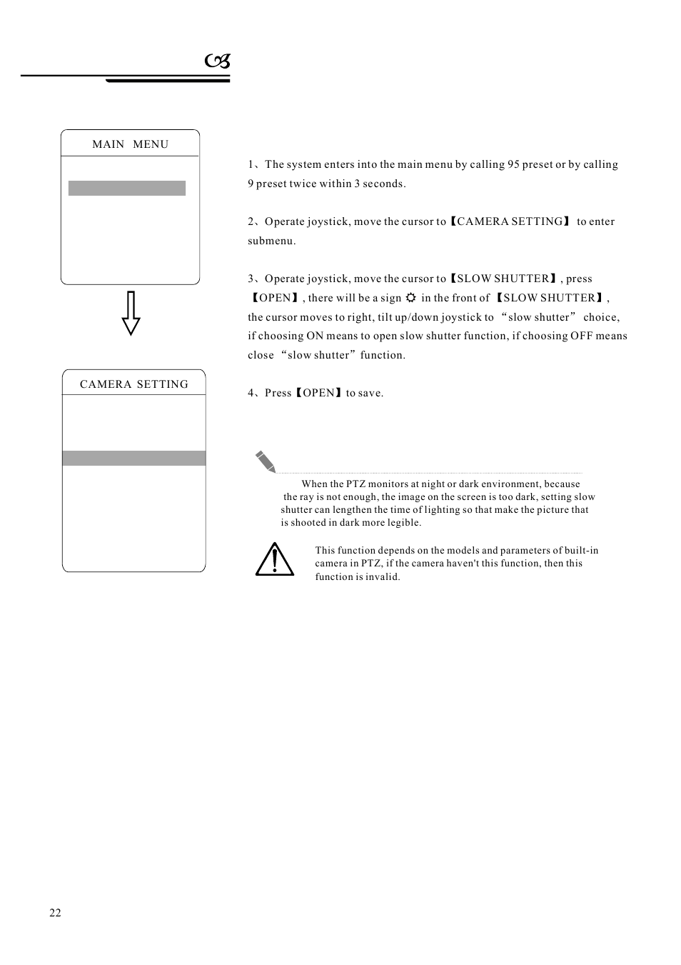 Camera setting, 4 slow shutter control | AVUE G55IR-WB36N – Outdoor 36X Long Range IR PTZ User Manual | Page 25 / 56