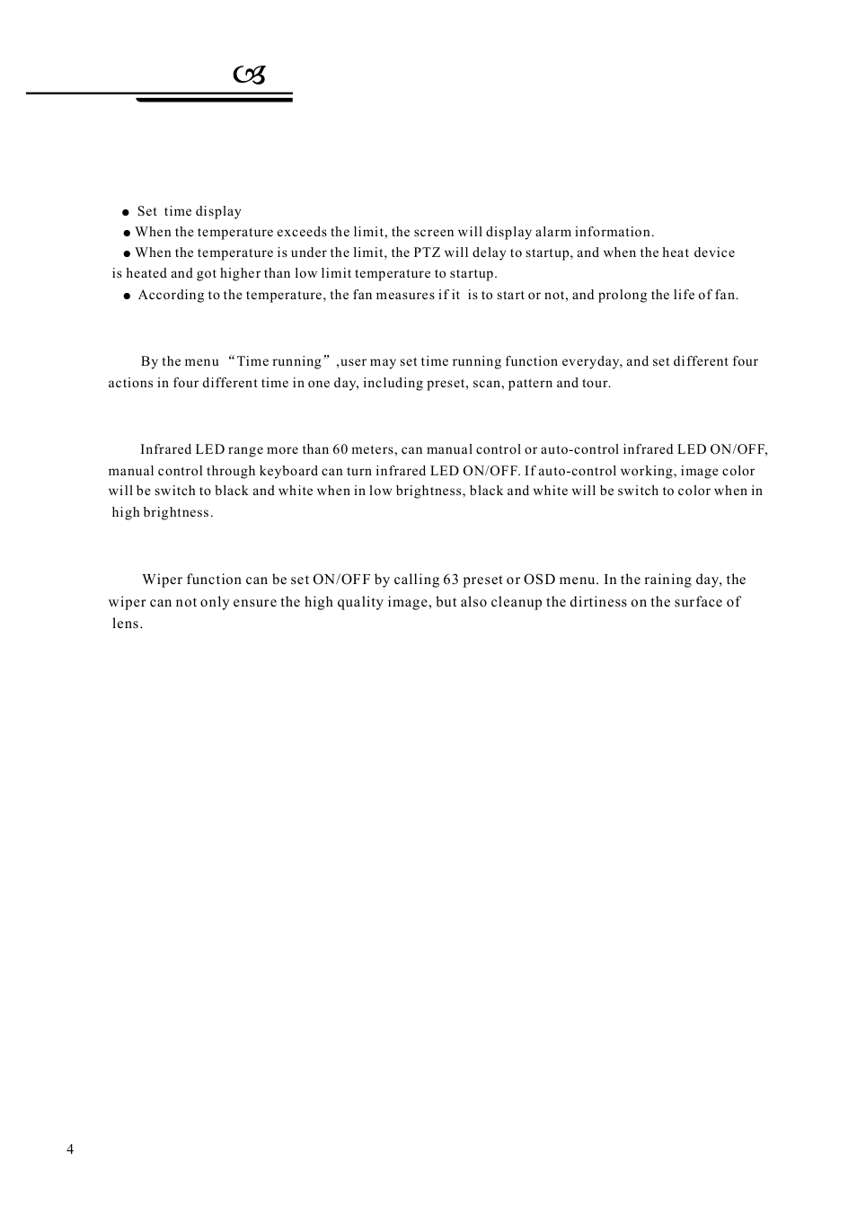 Performance, Internal temperature test, Night view function | Wiper function, Time running | AVUE G55IR-WB36N – Outdoor 36X Long Range IR PTZ User Manual | Page 7 / 56