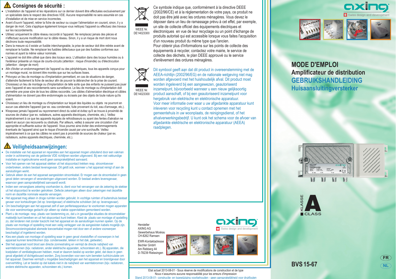 M' ode d emploi, Gebruikshandleiding, Amplificateur de distribution | Huisaansluitingversterker, Bvs 15-67, Consignes de sécurité, Veiligheidsaanwijzingen | AXING BVS 15-67 User Manual | Page 3 / 4